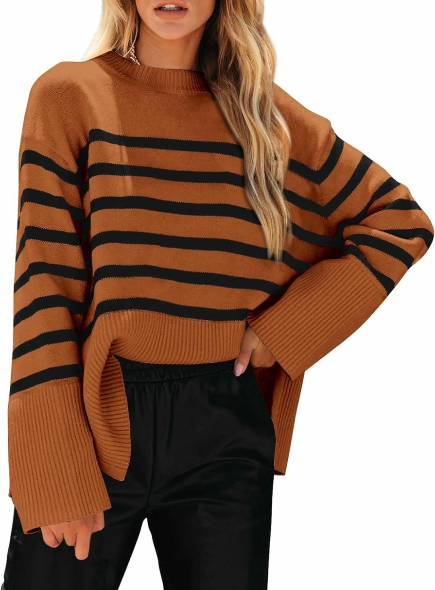 Sweaters | PRETTYGARDEN Prettygarden Women'S 2024 Fall Striped Sweater Oversized Long Sleeve Crew Neck Side Slit Casual Trendy Knit Pullover Sweaters