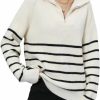 Sweaters | QIANSIQIANBO Women'S Striped Sweater Half Zipper Pullover Sweater Long Sleeve Ribbed Knit Loose Oversized Chunky Tops