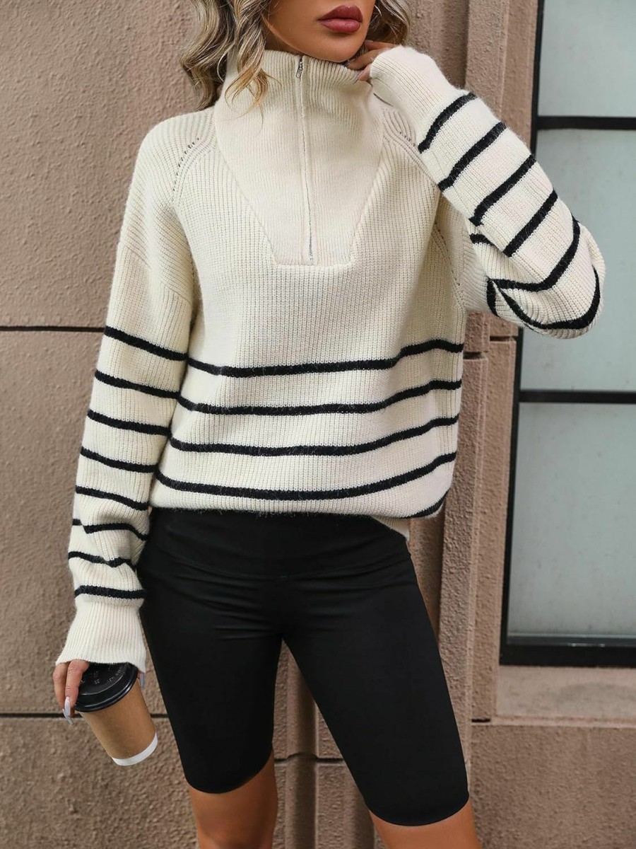 Sweaters | QIANSIQIANBO Women'S Striped Sweater Half Zipper Pullover Sweater Long Sleeve Ribbed Knit Loose Oversized Chunky Tops