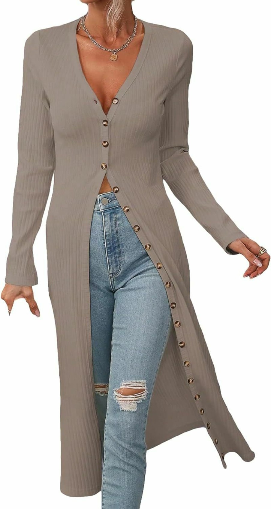 Sweaters | SweatyRocks Sweatyrocks Women'S Casual Long Sleeve Button Front Long Coat V Neck Ribbed Knit Cardigan