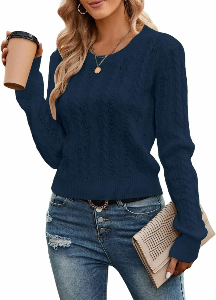 Sweaters | ZAFUL Zaful Women'S Cable Cropped Sweater Long Sleeve Crewneck Pullover Knit Jumper Top