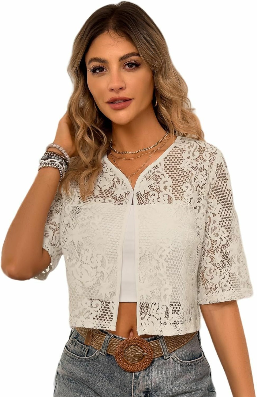 Sweaters | Kate Kasin Kate Kasin Women'S Elegant Sheer Floral Lace Shrug Summer Short Sleeve Top Cropped Open Front Bolero Cardigan